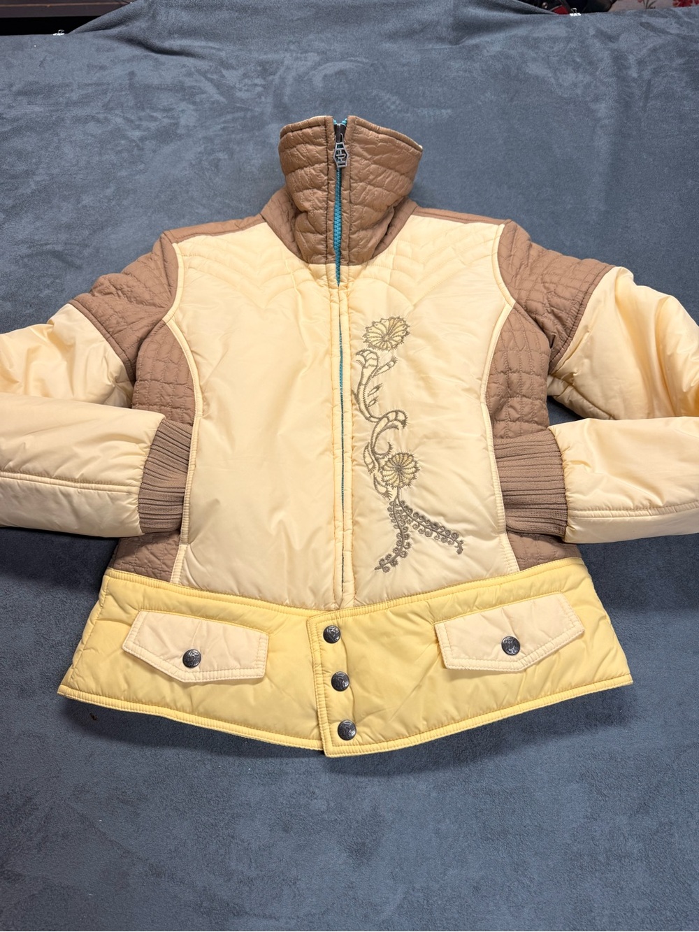 Y2K Diesel Women's Colorblock Jacket in Cream and Brown High Neck
